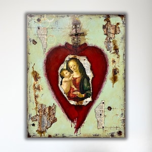 Baby Jesus and Madonna Mexican Sacred Heart Mixed Media Painting, Religious Art, Priest Gift, Christian Art, Found Objects