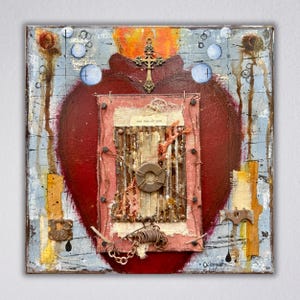 Web of Life Mexican Sacred Heart Mixed Media Painting, Found Objects Art, Religious Art