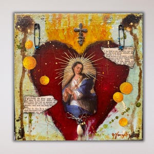 Mexican Sacred Heart Little Paintings with the Virgin Mary, Religious Paintings, Spiritual Paintings