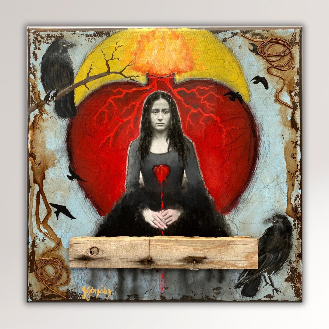 My Open Soul Mexican Sacred Heart Painting With Crows Mixed Media