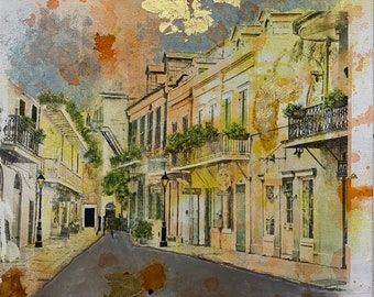 New Orleans French Quarter Painting, Louisiana, Fleur de Lis, Spanish Colonial Art