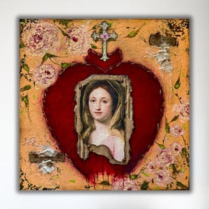 Virgin Mary Sacred Heart Painting, Botanical Painting, Pink Roses Painting, Religious Painting, Fine Art, Gallery Art, Mixed Media Art