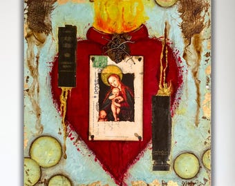 Sacred Heart Painting, Virgin Mary Painting, Surrealist Painting, Religious Painting, Gift for Art Teacher, Vintage Postcard, Fine Art