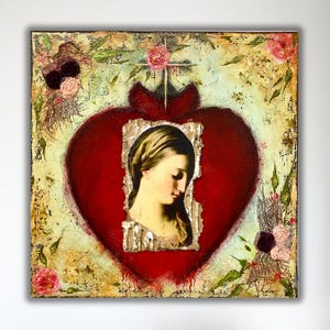 Beautiful Madonna surrounded with Roses and Flowers Mexican Sacred Heart Mixed Media Painting, Romantic Art, Religious Art, Fine Art