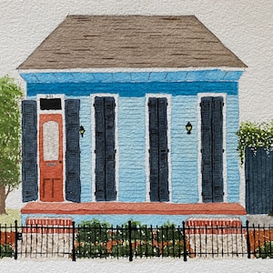 New Orleans Creole House Watercolor Painting with pretty black iron fence.