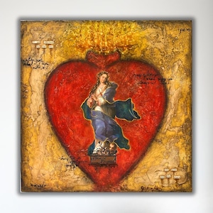 Mexican Sacred Heart Painting with Virgin of the Apocalypse Imaging and Mixed Media