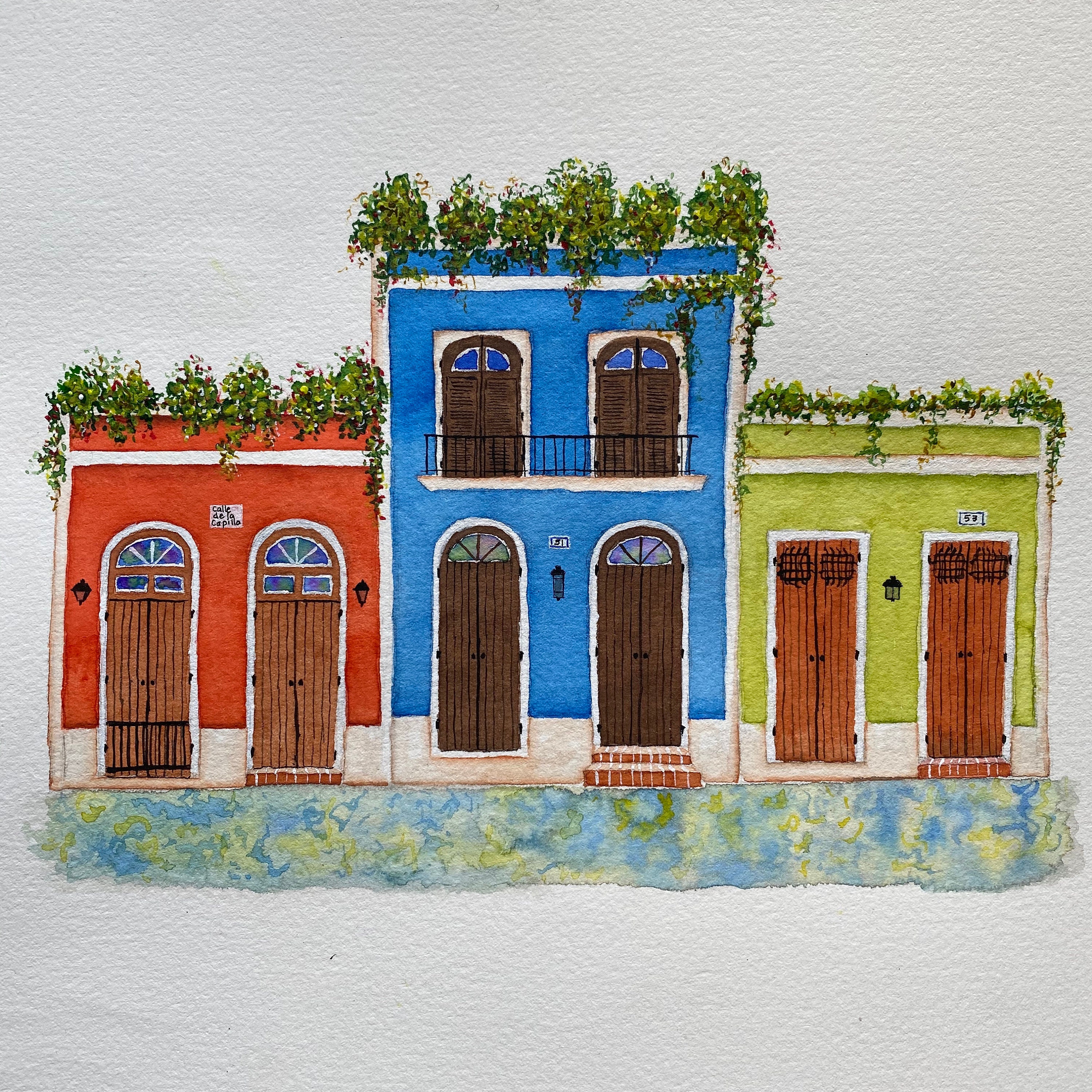 家　絵画 オレンジ、青、緑の家を描いたオールドサンファンの絵画 - Etsy 日本