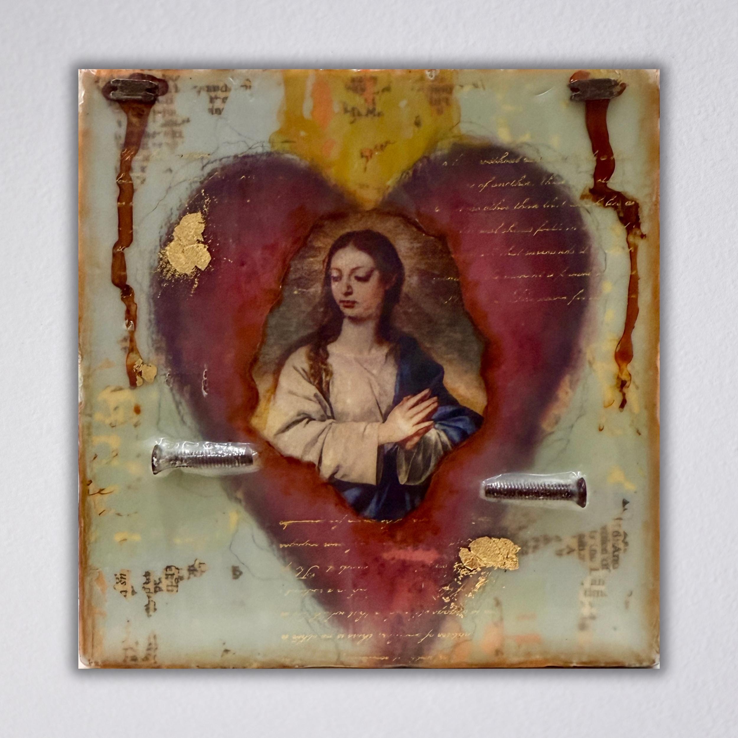 Sacred Heart Small Encaustic Painting, 6x6 Encaustic Painting Series with rusty nails, Religious Painting, Virgin Mary Art, Gift for Nun
