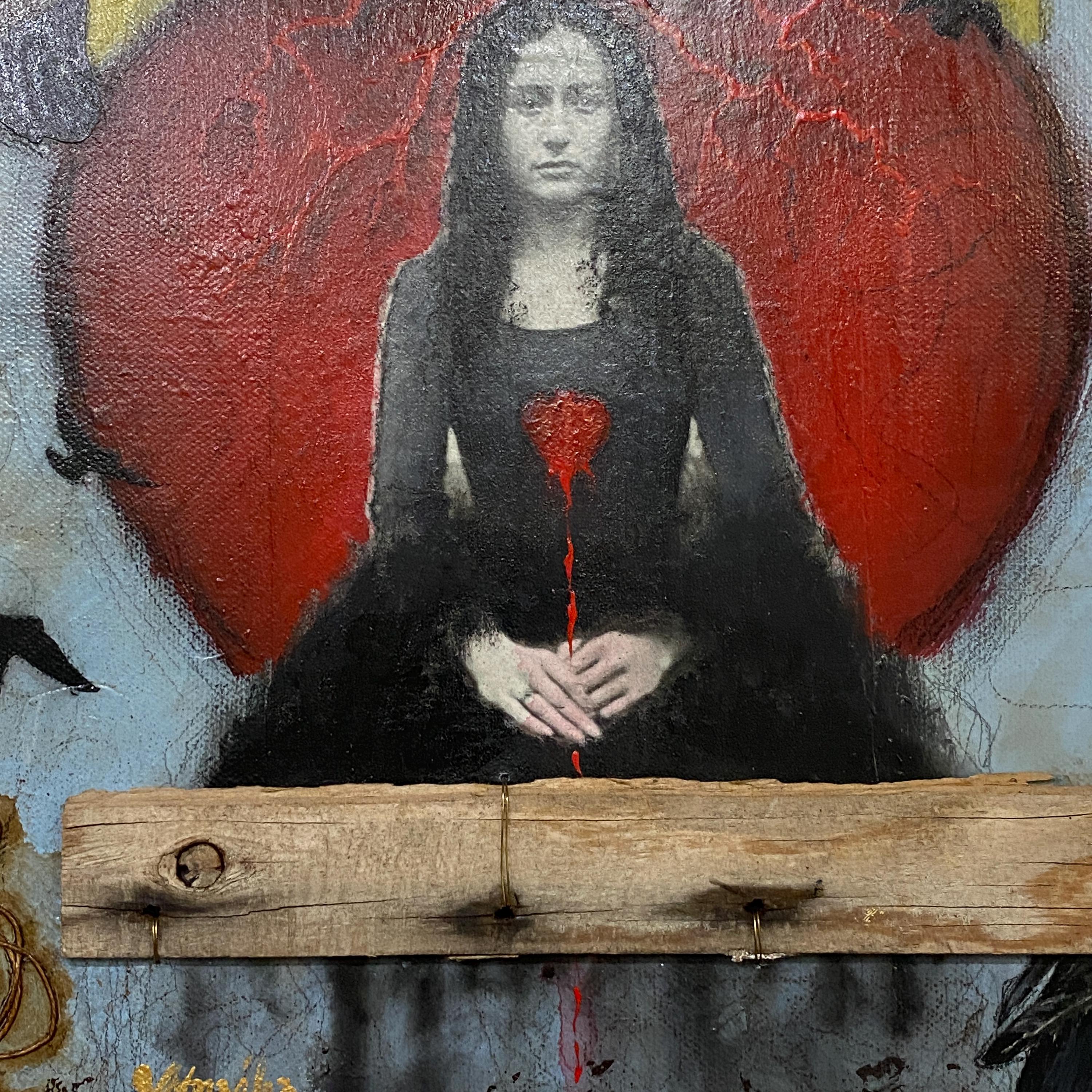 「claireSowdenクレアソヴデン亅ハート刺繍額入セットサイン入 My Open Soul Mexican Sacred Heart Painting With Crows Mixed Media