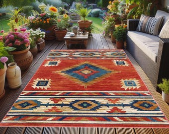 Native American Ethnic Motif Porch Rug, Southwestern Native Decor, Navajo Tribal Style Outdoor Rug, Garden Decoration, Décoration Extérieure