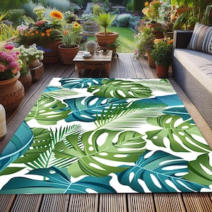 Green Leaf Outdoor Rug: Tropical Garden Patio Decor