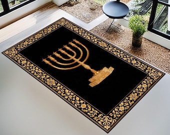 Jewish Prayer Rug: Hebrew Israelite Menorah Design Sacred Mat, Judaica Floor Carpet, Synagogue Decor