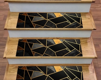 Black and Gold Art Deco Stair Treads: Non-Slip Geometric Rugs