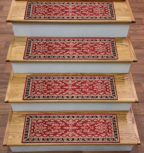 Red Floral Stair Rug: Antique Kilim Pattern, Non-Slip Step Treads