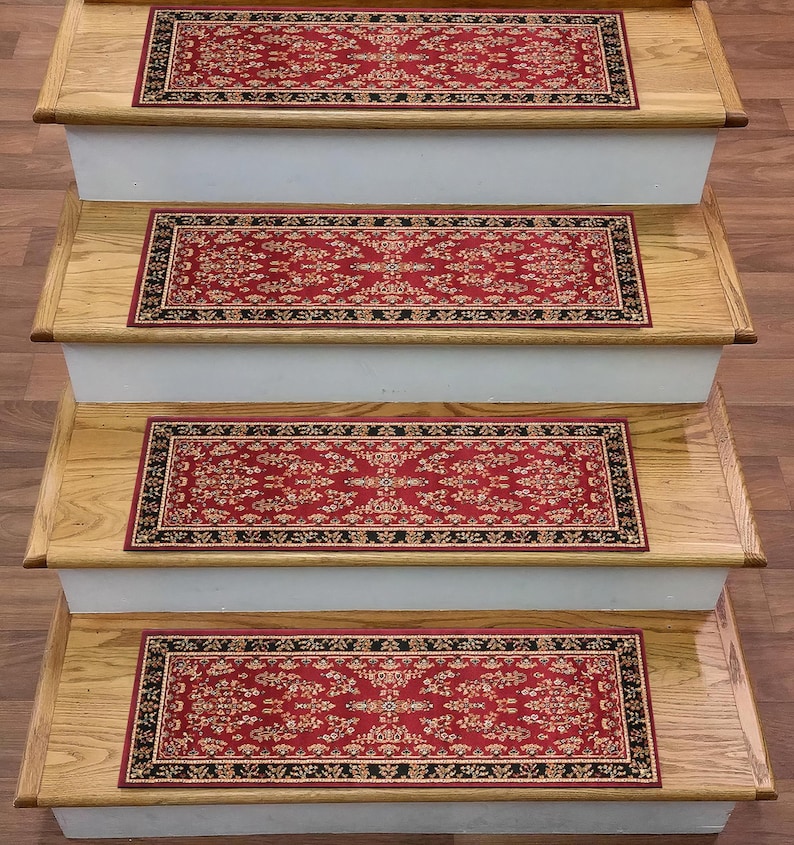 Red Floral Stair Rug: Antique Kilim Pattern, Non-Slip Step Treads image 1