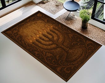 Personalized Hebrew Prayer Rug: Custom Jewish Mat, Menorah Design