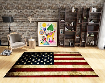 American Flag Rug: Vintage USA Eagle, Non-Slip Washable Carpet Patriotic Decor