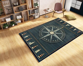 Nautical Compass Rug: Lighthouse Design, Non-Slip Area Rug