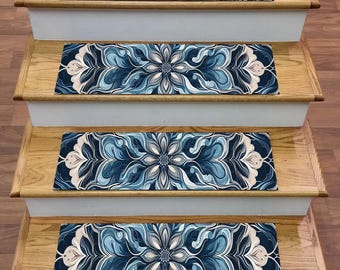 Modern Non-Slip Stair Treads: Blue Floral Step Rug