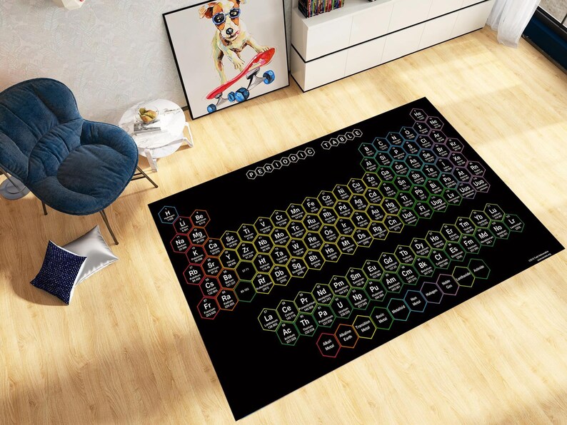 5 Variation Periodic Table Of Elements Rug: Educational Chemistry Decor Gift, Modern Colorful Classroom Science Study Room Carpet ADN505