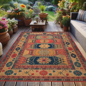 4 Variation Turkish Motif Outdoor Rug: Washable Non-Slip Patio Area Rug, Terrace & Balcony Decor