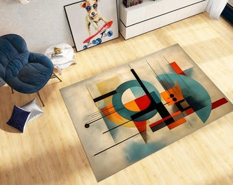 Pode incluir: Tapete geométrico abstrato com um design azul, amarelo, vermelho e preto. O tapete tem um fundo branco e um visual desbotado e vintage.