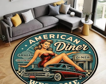 Retro Diner Round Rug: 50s Rockabilly Pin-Up Girl, Non-Slip