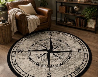 Vintage World Map Compass Rug: Antique Nautical Round Area Carpet, Navigation Theme Floor Mat, Aesthetic Home Decor, Travel Gift Idea