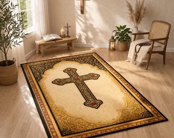 Ornate Orthodox Prayer Rug: Gold Byzantine Cross Christian Mat, Altar Decor Meditation Carpet