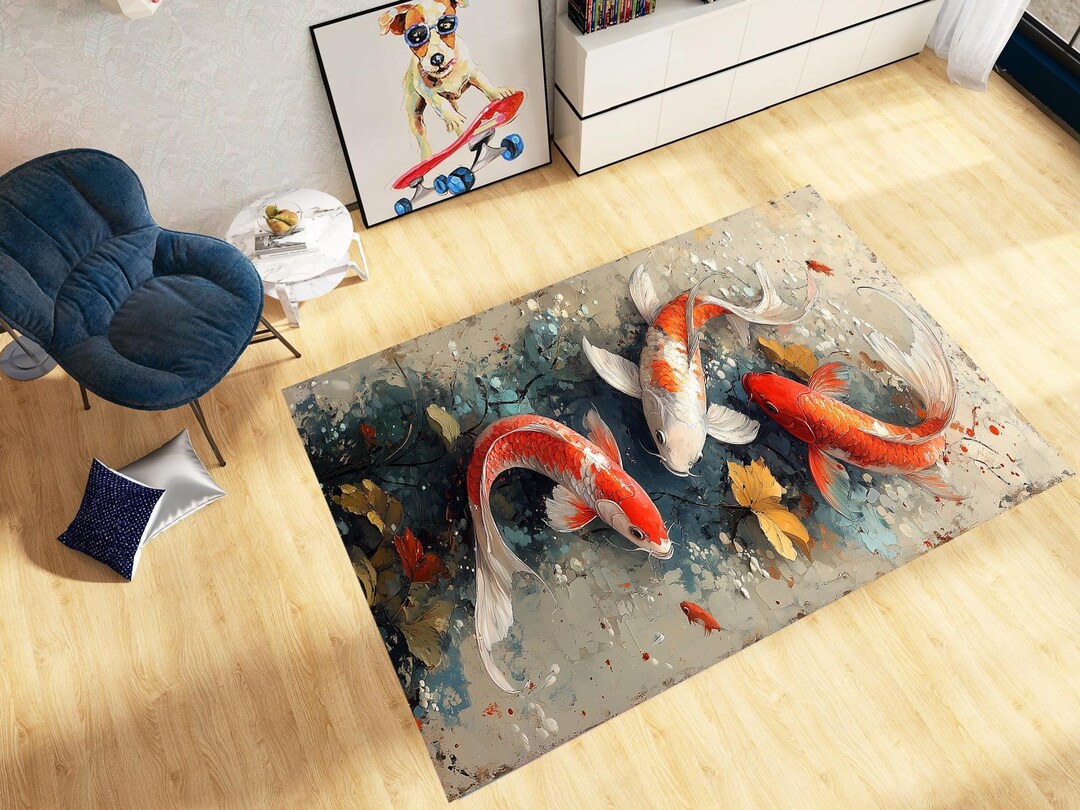 Red Koi Rug Elegant Black White Koi Fish Design Rug: Artistic Oriental Carpet ...
