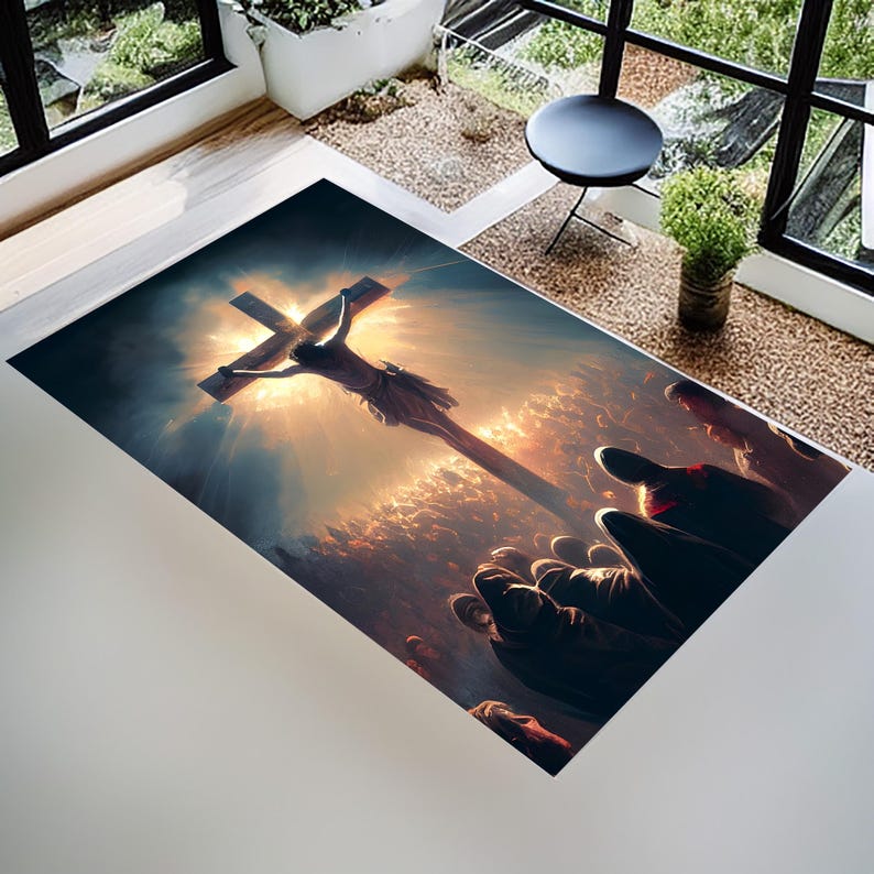 Christian Prayer Rug: Jesus Decor, Catholic Mat, Orthodox Carpet, Cross Design image 1