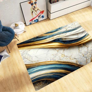 Blue and Gold Marble Rug: Non-Slip Living Room Decor