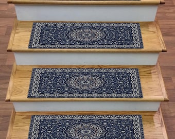 Blue Oriental Stair Tread Rug: Non-Slip Stairway Decor