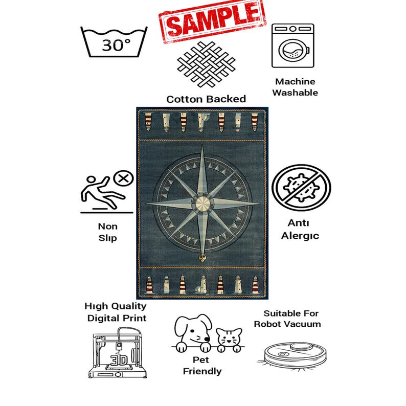 May include: A rectangular rug featuring a compass rose design in blue and white. The rug has a denim-like texture and is labeled "Cotton Backed", "Non Slip", "Machine Washable", "Anti Alergic", "Pet Friendly", and "Suitable For Robot Vacuum".
