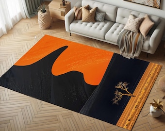 Abstract Area Rug: Modern Orange & Black, Washable Non-Slip Carpet