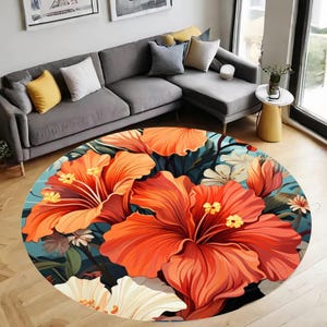 Floral Round Rug: Non-Slip Flower Circle Carpet