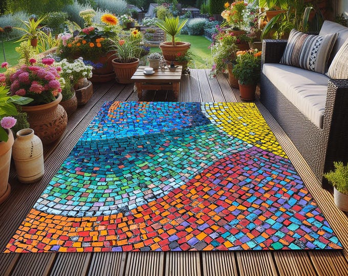 Mosaic Outdoor Rug: Colorful Patio Floor Mat, Terrace-Balcony Decor