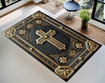 Christian Prayer Rug: Elegant Worship Carpet, Gold Cross Tapestry, Religious Home Decor, Spiritual Gift Mat, Sacred Christian Art