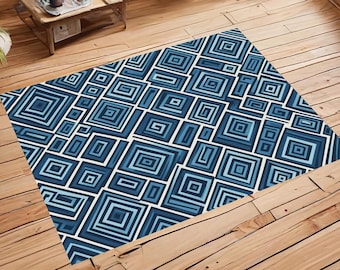 Tappeto da esterno con motivo geometrico blu: tappeto lavabile per patio, terrazza e balcone, antiscivolo