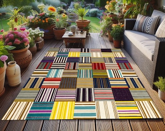 Colorful Striped Outdoor Rug: Non-Slip Patio Area Rug