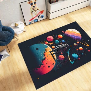 Galaxy Rug, Solar Rug, Cartoon Space Planet, Astronaut Rug, Child Room Rug, Nursery Rug, Gift For Kids, Fantastic Rug, Science Rug, Play Rug