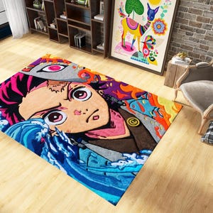 Anime Style Rug: Colorful Cartoon Carpet, Unique Japanese Art Floor Mat, Vibrant Home Decor, Water Fire Element Design Rug