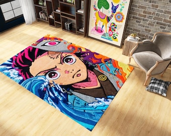 Anime Style Rug: Colorful Cartoon Carpet, Unique Japanese Art Floor Mat, Vibrant Home Decor, Water Fire Element Design Rug