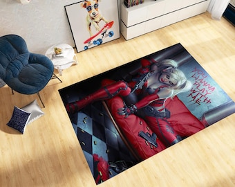 Who Wanna Play With Me Dark Harley Quinn Art Rug: Red Black Comic Style Carpet, Edgy Gun Girl Pop Culture Decor
