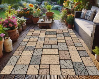 Rustic Stone Wall Outdoor Rug: Non-Slip Patio Decor