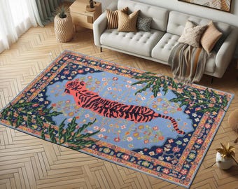 Tiger Shaped Oriental Pastel Blue Green Botanical Rug: Tiger Pattern Floral Border Area Carpet, Rustic Animal Accent Decor Gift Mat
