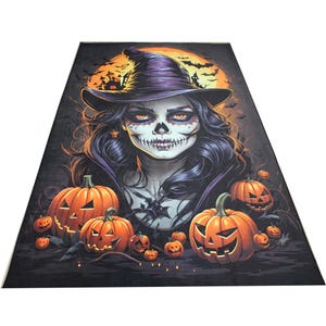 May include: A Halloween-themed illustration of a witch with a skull face and a purple hat. She is surrounded by orange pumpkins with carved faces. The background is dark with a full moon and bats.