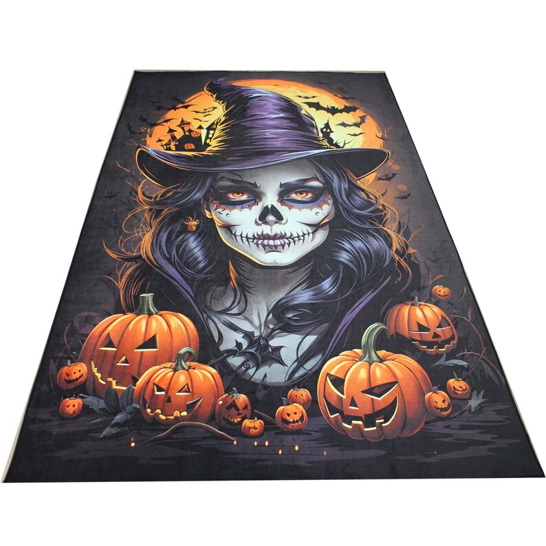 May include: A Halloween-themed illustration of a witch with a skull face and a purple hat. She is surrounded by orange pumpkins with carved faces. The background is dark with a full moon and bats.