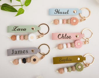 Porte-clés personnalisé marguerite, simili cuir, porte-clés floral perles