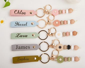 Porte-clés personnalisé marguerite, porte-clés imitation cuir